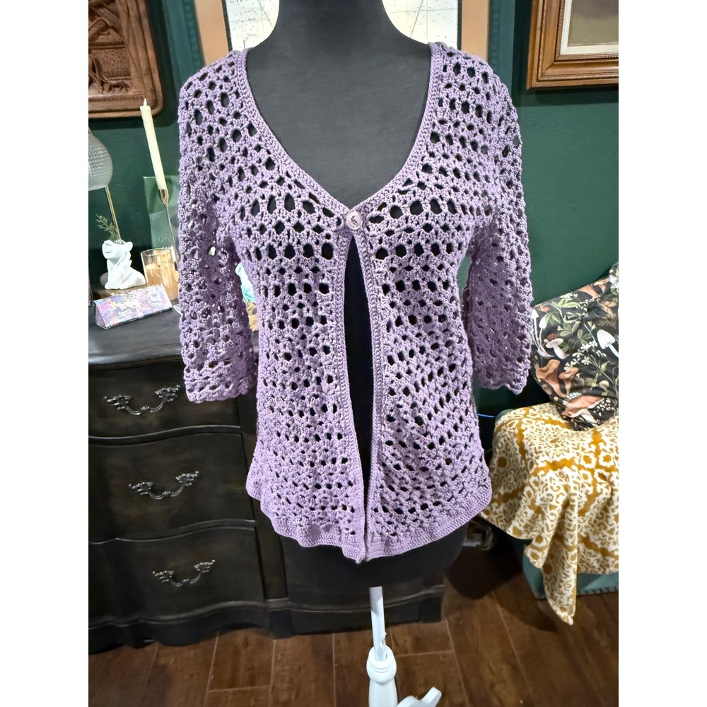 Purple Crochet Cardigan Sweater Open‎ Knit Single Button Boho Women L